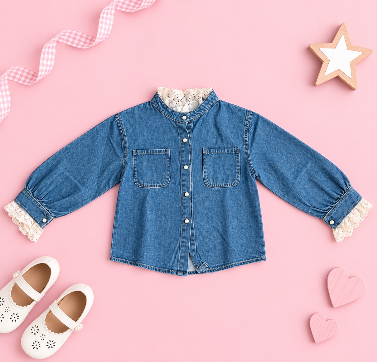 Denim Lace-Collar Girl’s Shirt