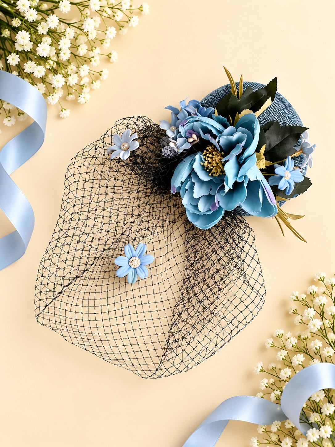 Elegant Blue Floral Veil Fascinator