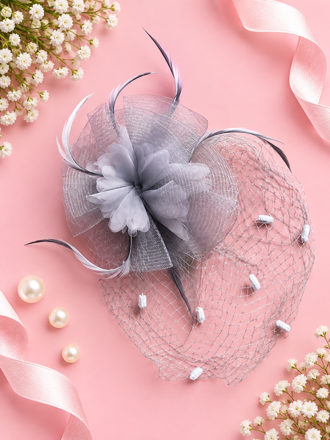 Grey Pearl Veil Fascinator