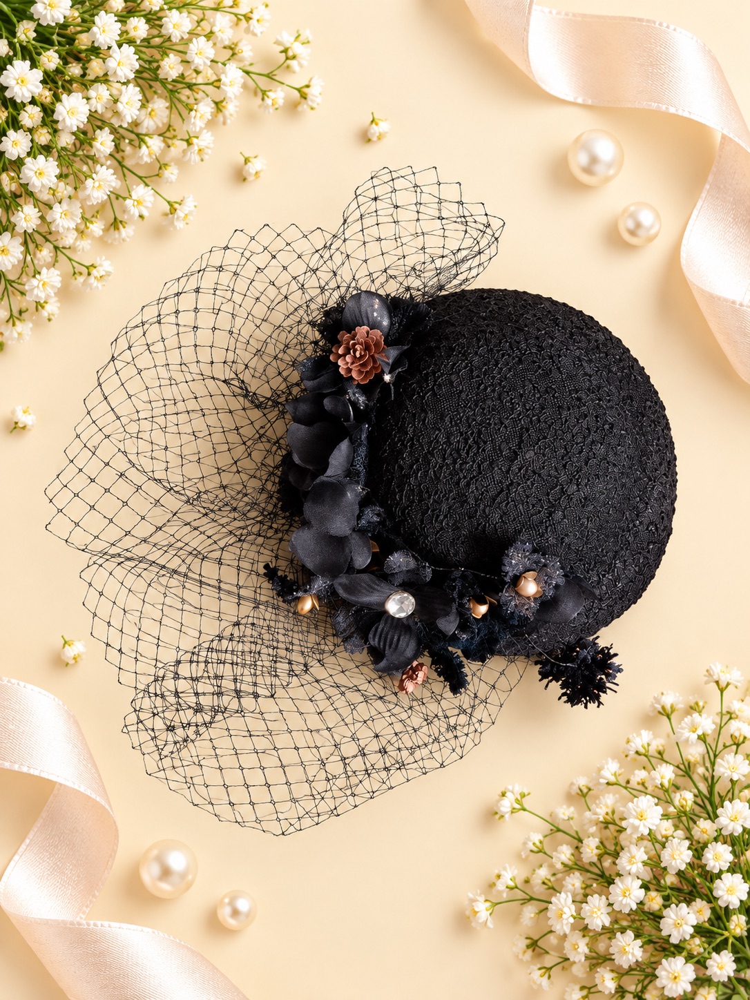 Noir Lace Blossom Veil Fascinator