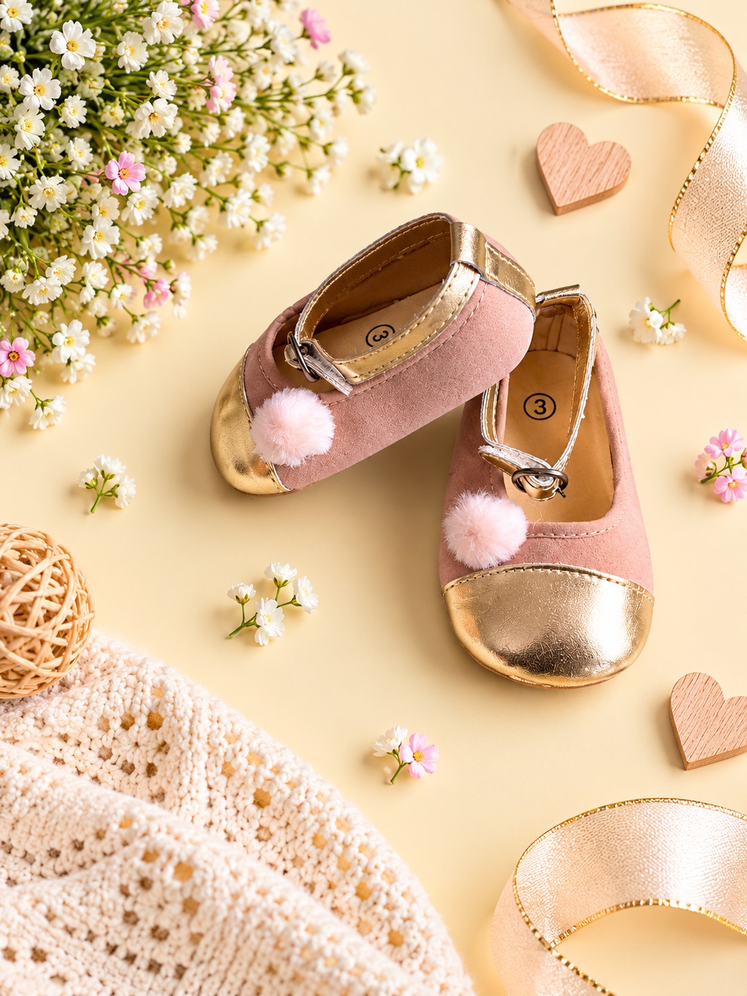 Blush & Gold Pom-Pom Baby Shoes — photo 2
