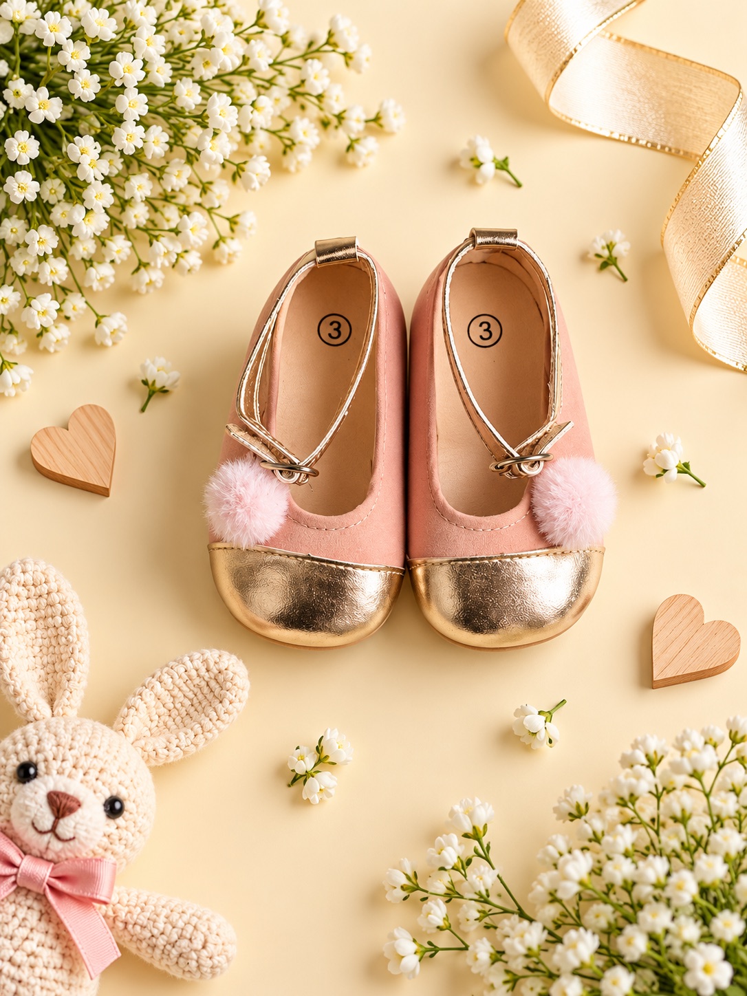 Blush & Gold Pom-Pom Baby Shoes