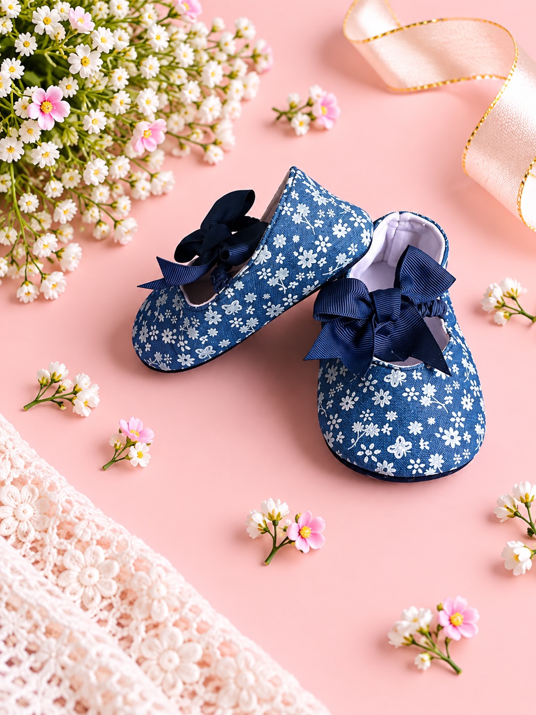 Navy Blossom Bow Baby Shoes — photo 2