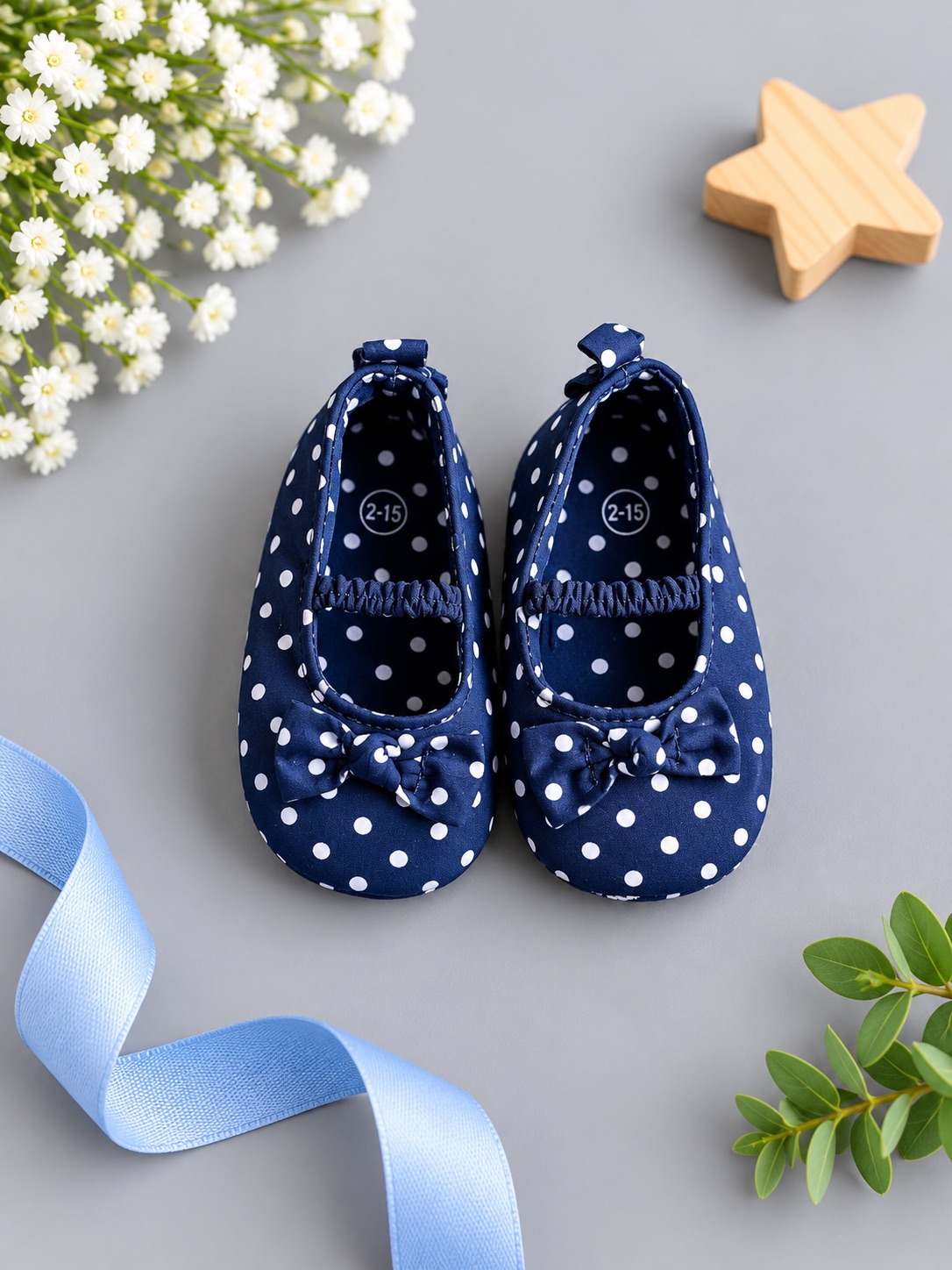 Navy Polka Bow Baby Flats