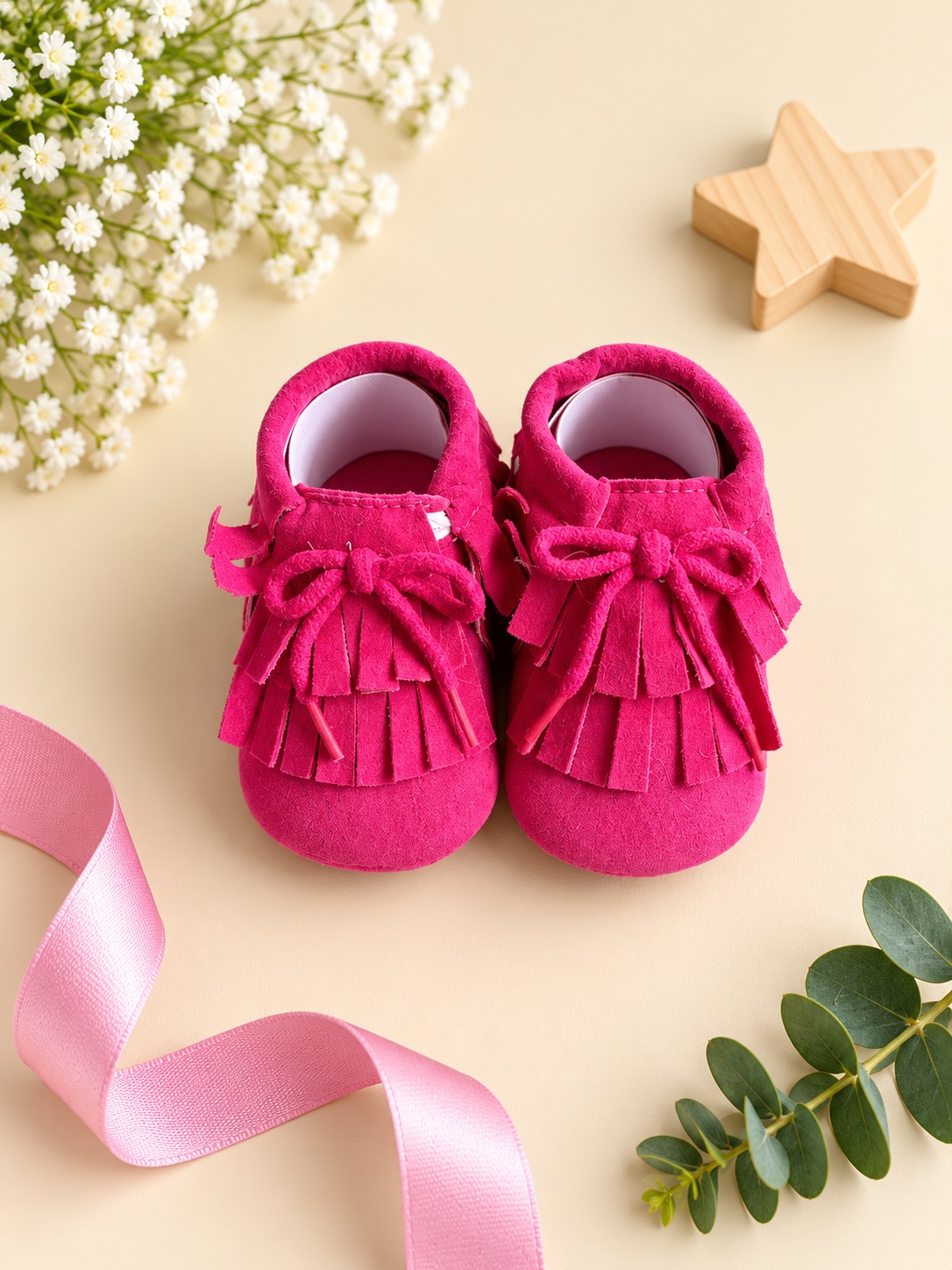 Pink Bow Fringe Baby Booties