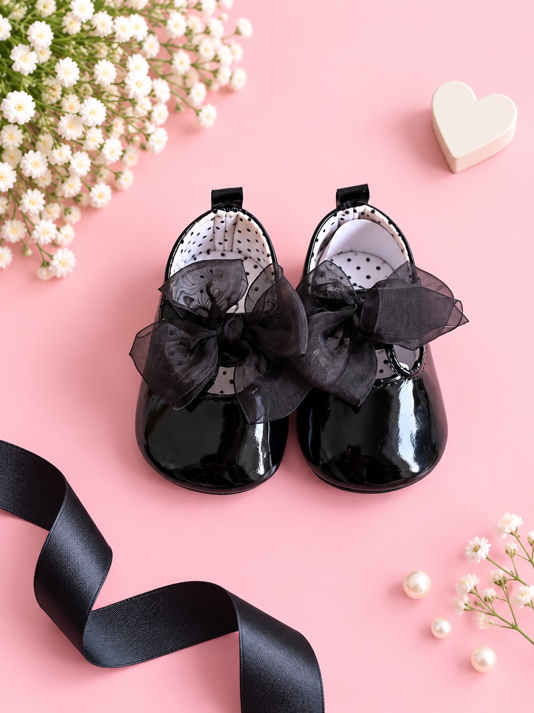 Black Pearl Bow Baby Shoes