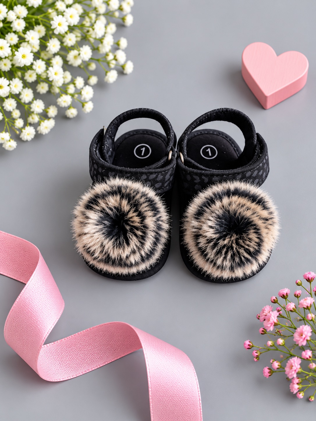 Black Fur Pom-Pom Baby Sandals